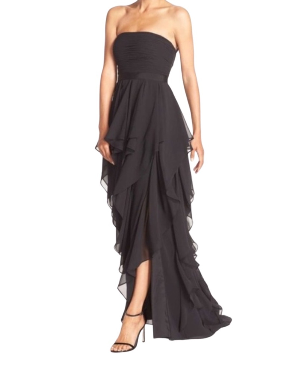 Adrianna Papell Strapless Chiffon Ruffle Gown Black NWT Size 10